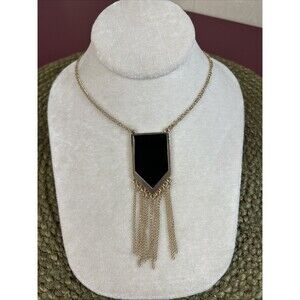 Gold Tone Black Plaque With Fringe Necklace 14”